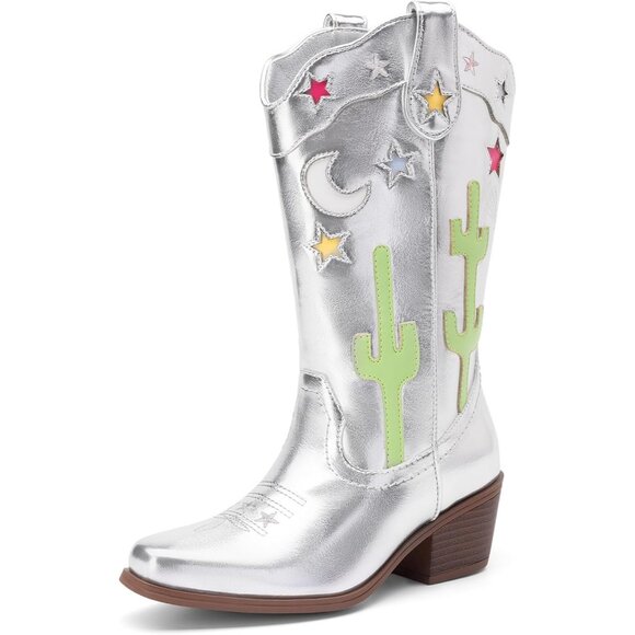 Girls Cowboy Boots Cowgirl Western Boots with Low Heel Square Toe for Little Kid - Picture 1 of 5
